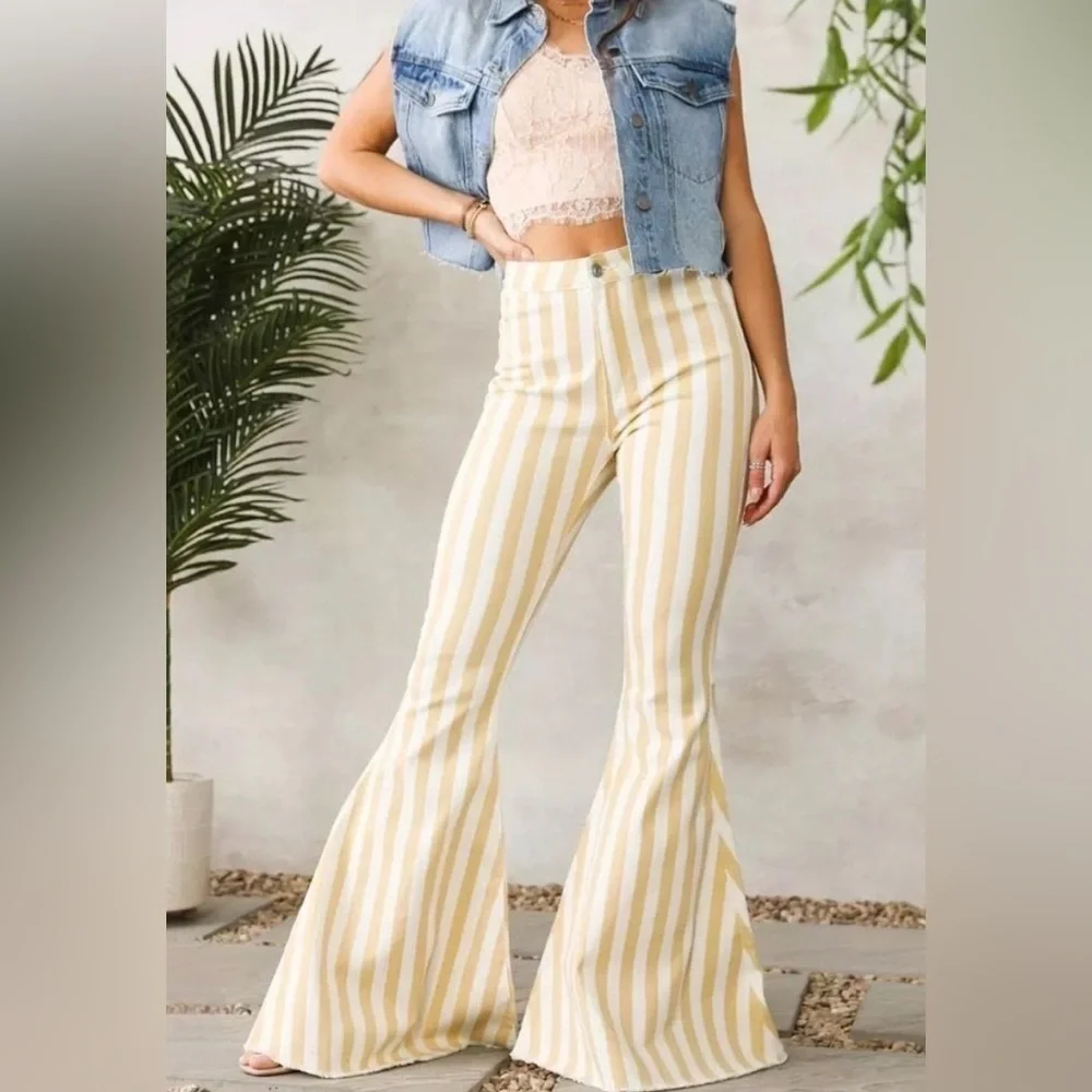 Peach Love California Striped Stretch Denim Bell Bottom Flare Pants XS Boho